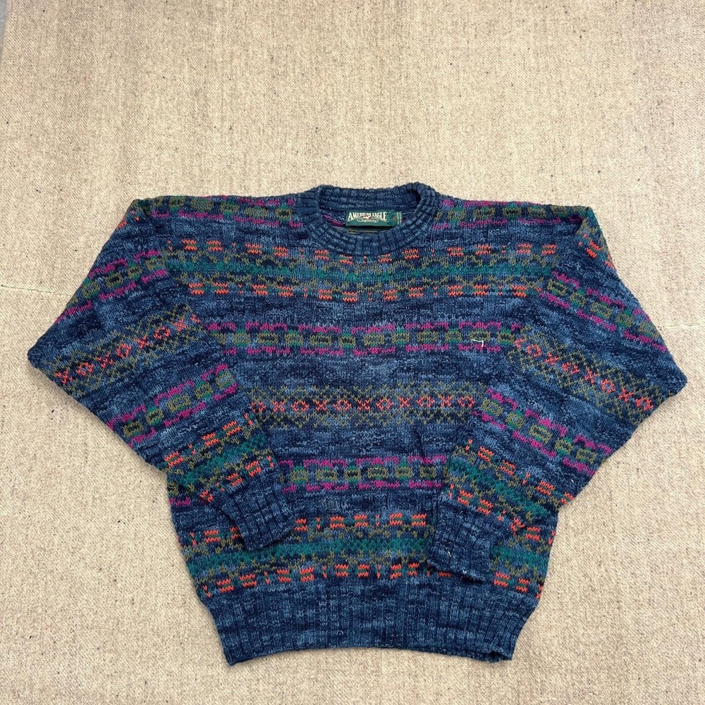 Vintage American Eagle Sweater Mens Large Blue 1990s Chunky Cotton USA